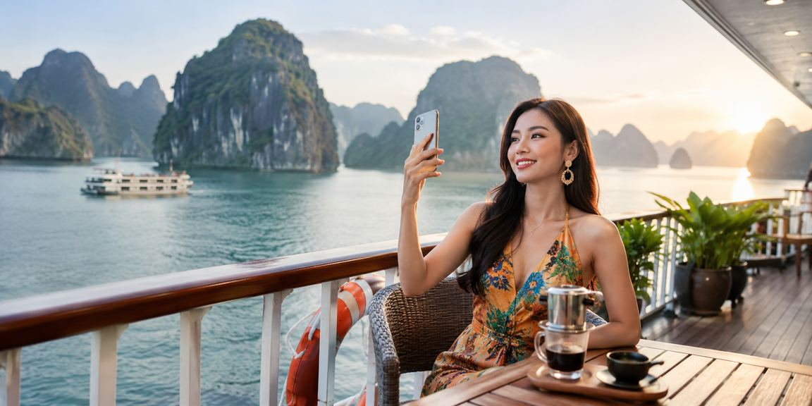 Người dùng trải nghiệm casino di động tại Vịnh Hạ Long với ly cà phê